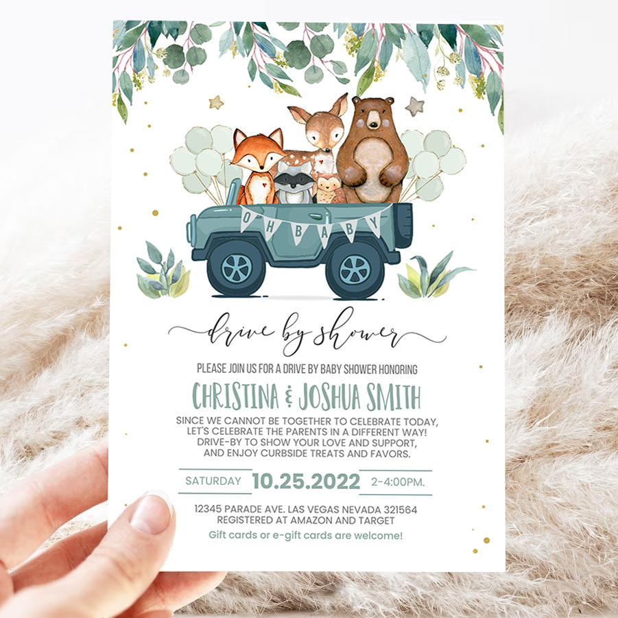 editable drive by baby shower invitation woodland animal drive through shower invite social distancing drive thru gender party invite 3