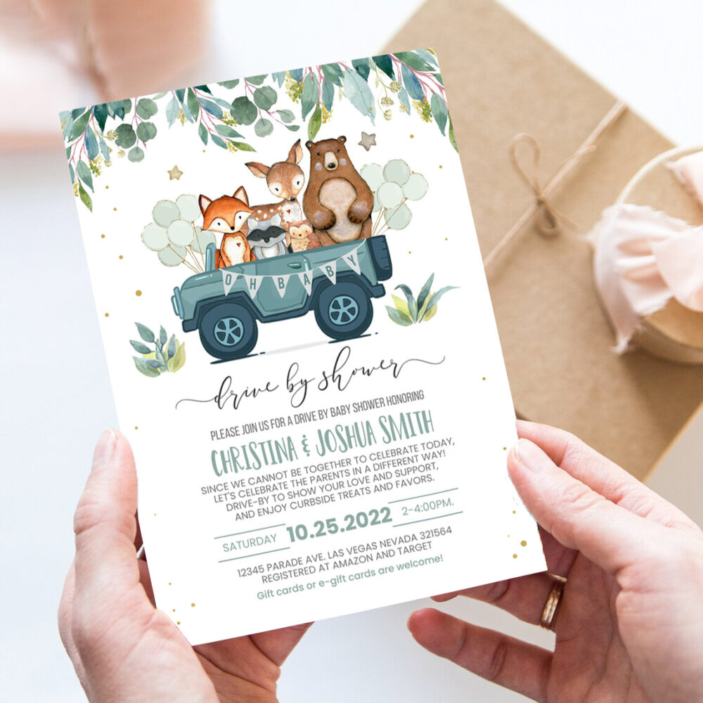 editable drive by baby shower invitation woodland animal drive through shower invite social distancing drive thru gender party invite 7