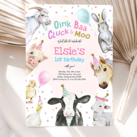 editable farm animals birthday party invitation pink girl farm barnyard 1st birthday party animals 1st birthday party 5