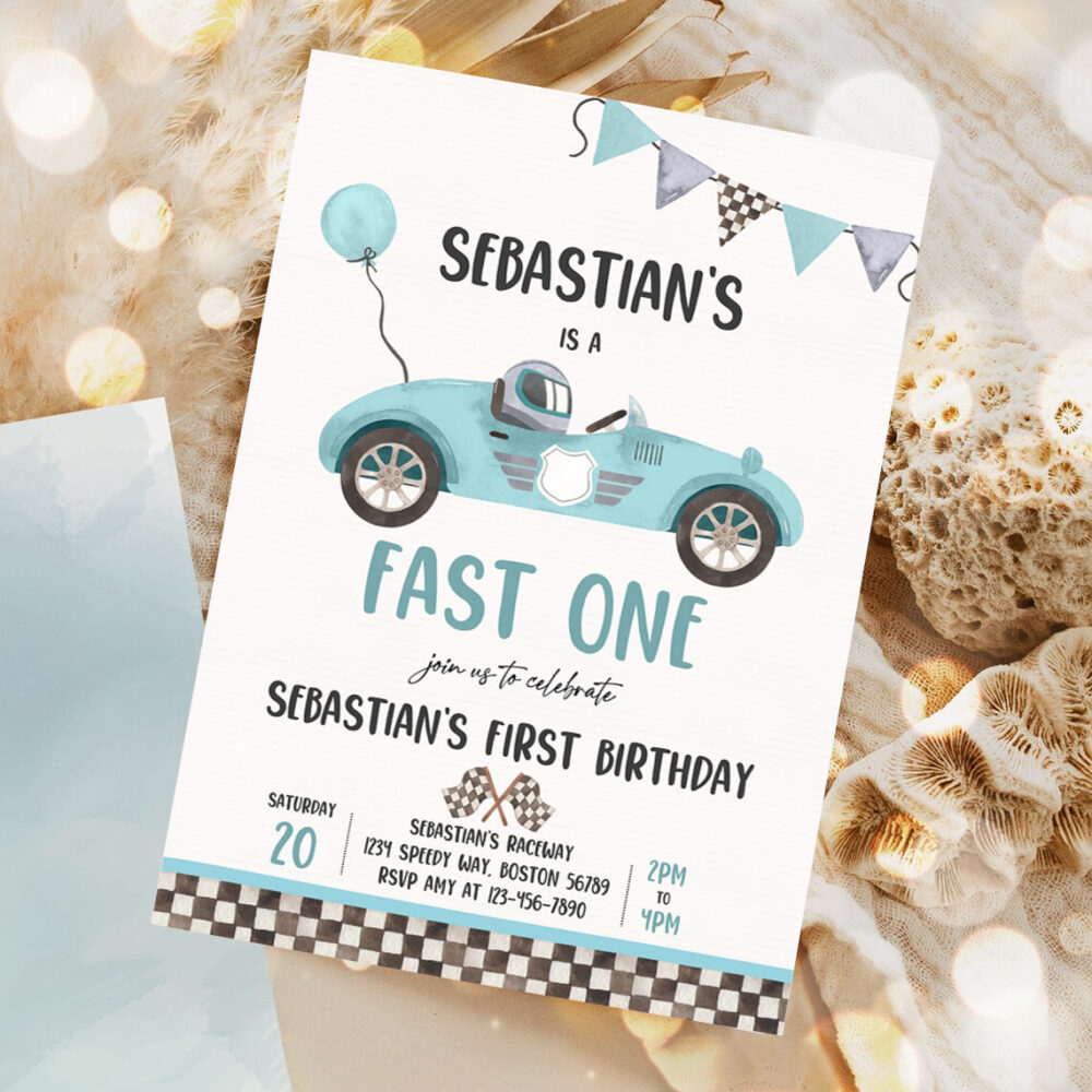 editable fast one race car 1st birthday invitation race car fast one birthday boy vintage blue race car 1st birthday party invitation 1