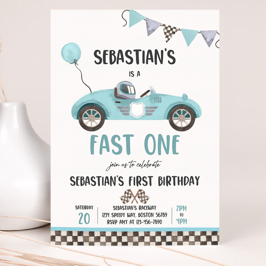 editable fast one race car 1st birthday invitation race car fast one birthday boy vintage blue race car 1st birthday party invitation 2