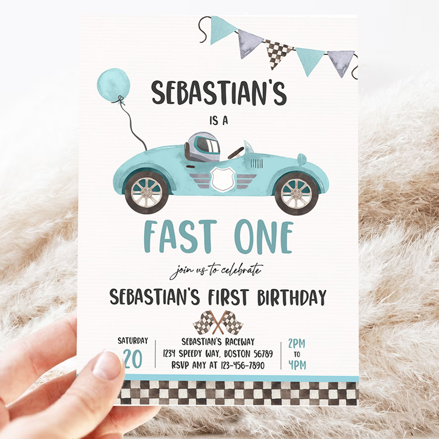 editable fast one race car 1st birthday invitation race car fast one birthday boy vintage blue race car 1st birthday party invitation 3