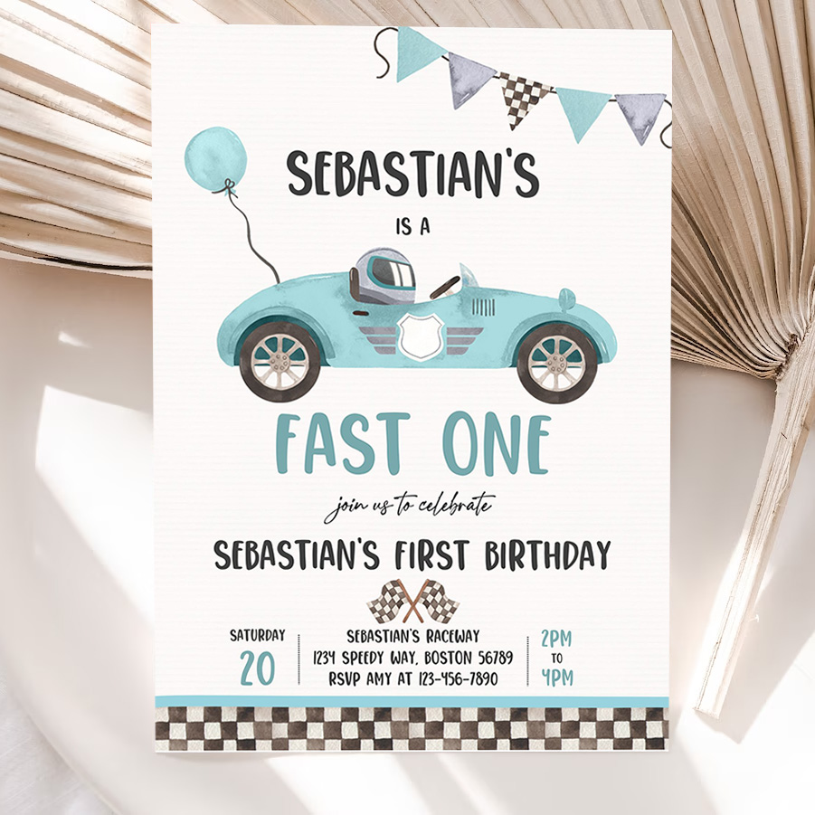 editable fast one race car 1st birthday invitation race car fast one birthday boy vintage blue race car 1st birthday party invitation 5