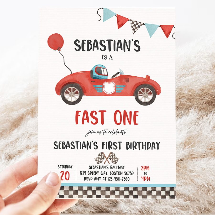 editable fast one race car 1st birthday invitation race car fast one birthday boy vintage red race car 1st birthday party invite 3