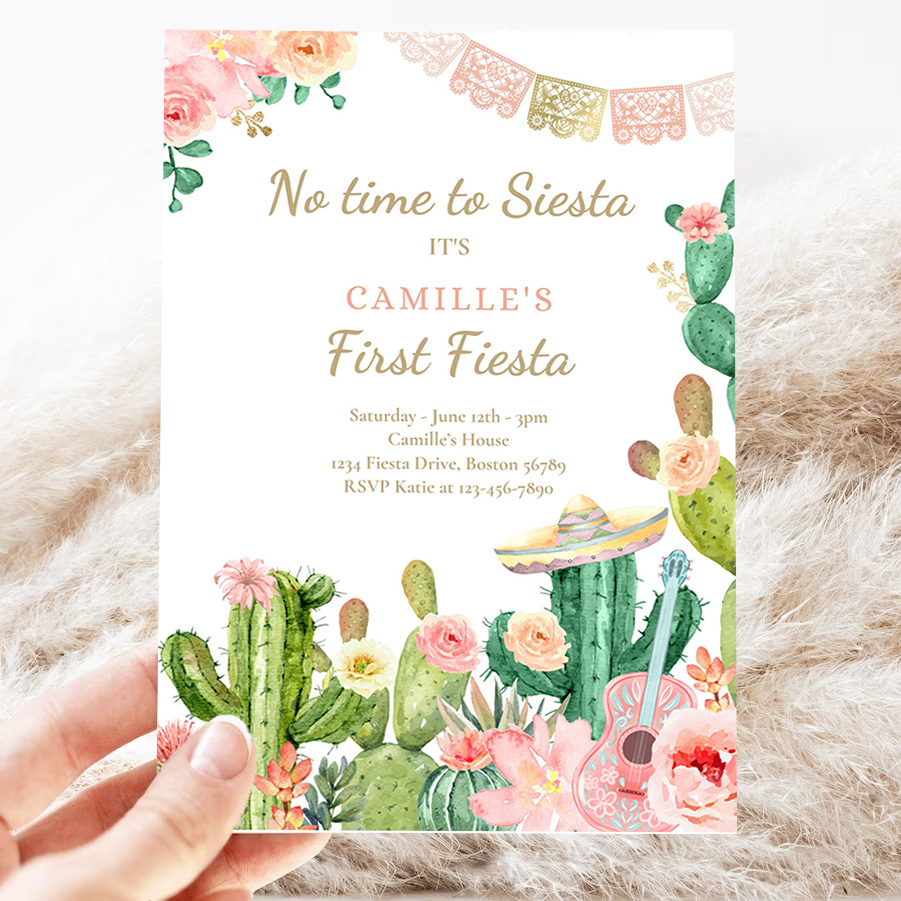 editable fiesta birthday party invitation no time to siesta lets fiesta 1st birthday watercolor cactus mexican party 3
