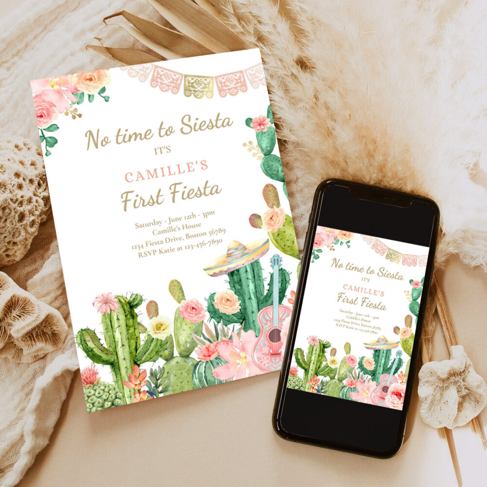 editable fiesta birthday party invitation no time to siesta lets fiesta 1st birthday watercolor cactus mexican party 6