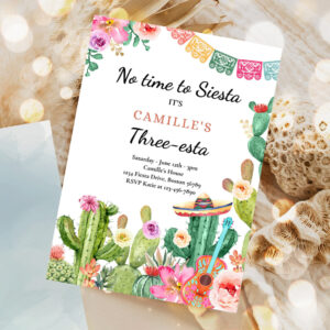 editable fiesta birthday party invitation three esta 3rd birthday no time to siesta lets fiesta watercolor cactus party 1