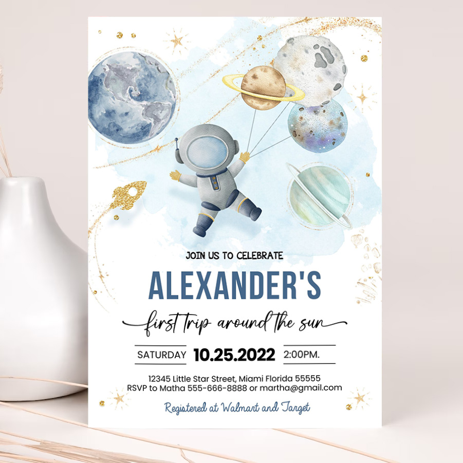 editable first trip around the sun outer space first birthday invitation galaxy blast off printable invitation 2
