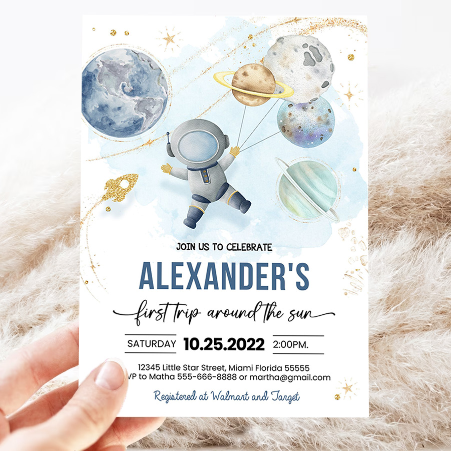 editable first trip around the sun outer space first birthday invitation galaxy blast off printable invitation 3