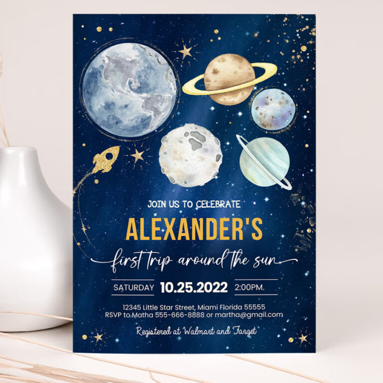 editable first trip around the sun outer space first birthday invitation galaxy blast off printable templates 2