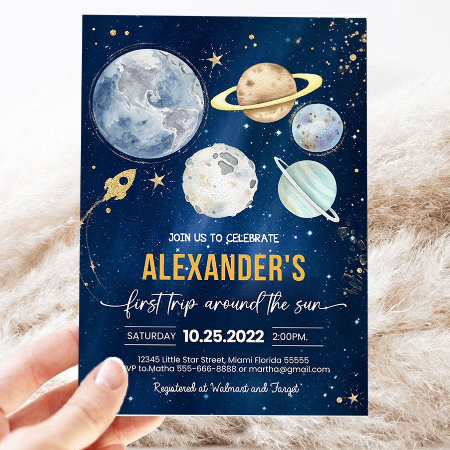 editable first trip around the sun outer space first birthday invitation galaxy blast off printable templates 3