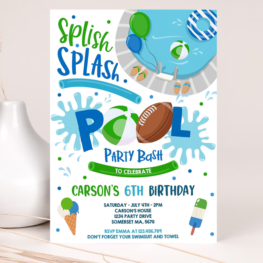 editable football pool party invitation sports summer pool party sports pool bbq birthday party pool party birthday 2