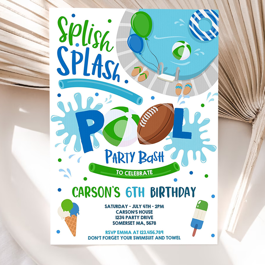 editable football pool party invitation sports summer pool party sports pool bbq birthday party pool party birthday 5