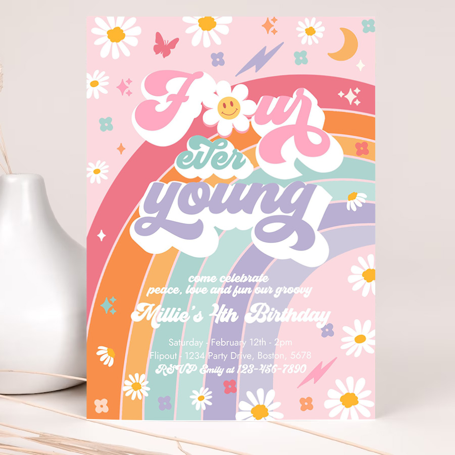 editable four ever young groovy 4th birthday party invitation peace love groovy rainbow party hippie 70s 4th birthday party 2