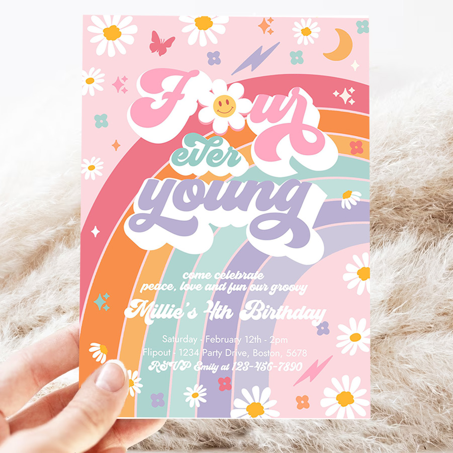 editable four ever young groovy 4th birthday party invitation peace love groovy rainbow party hippie 70s 4th birthday party 3