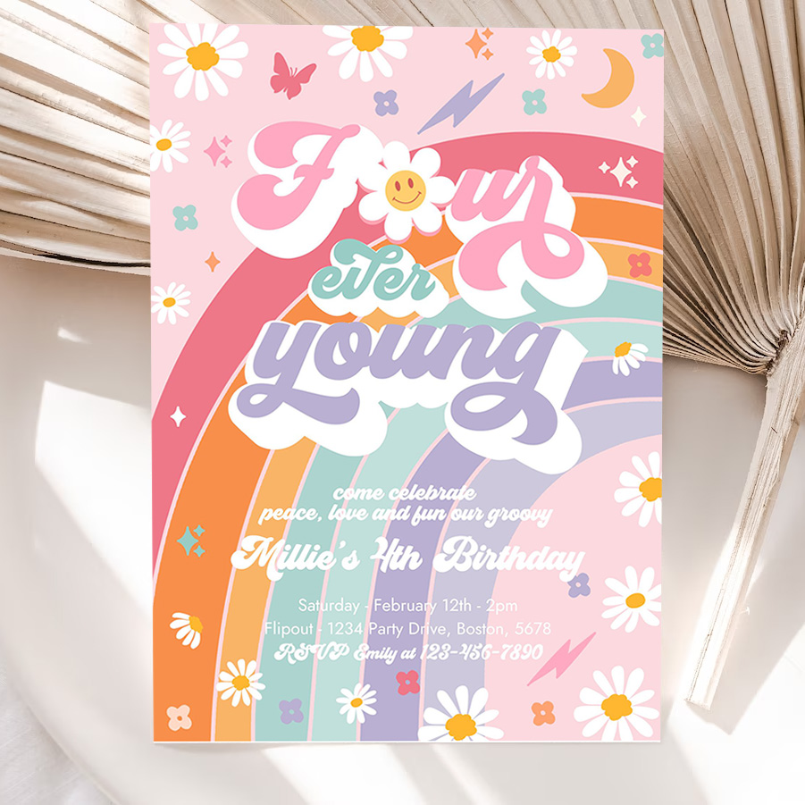 editable four ever young groovy 4th birthday party invitation peace love groovy rainbow party hippie 70s 4th birthday party 5