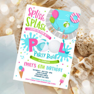 editable girl golf pool party invitation sports summer pink girl pool party pool bbq birthday party pool birthday 1