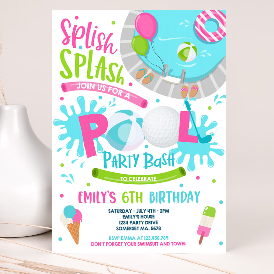 editable girl golf pool party invitation sports summer pink girl pool party pool bbq birthday party pool birthday 2
