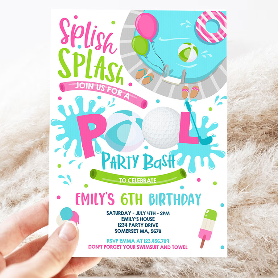 editable girl golf pool party invitation sports summer pink girl pool party pool bbq birthday party pool birthday 3
