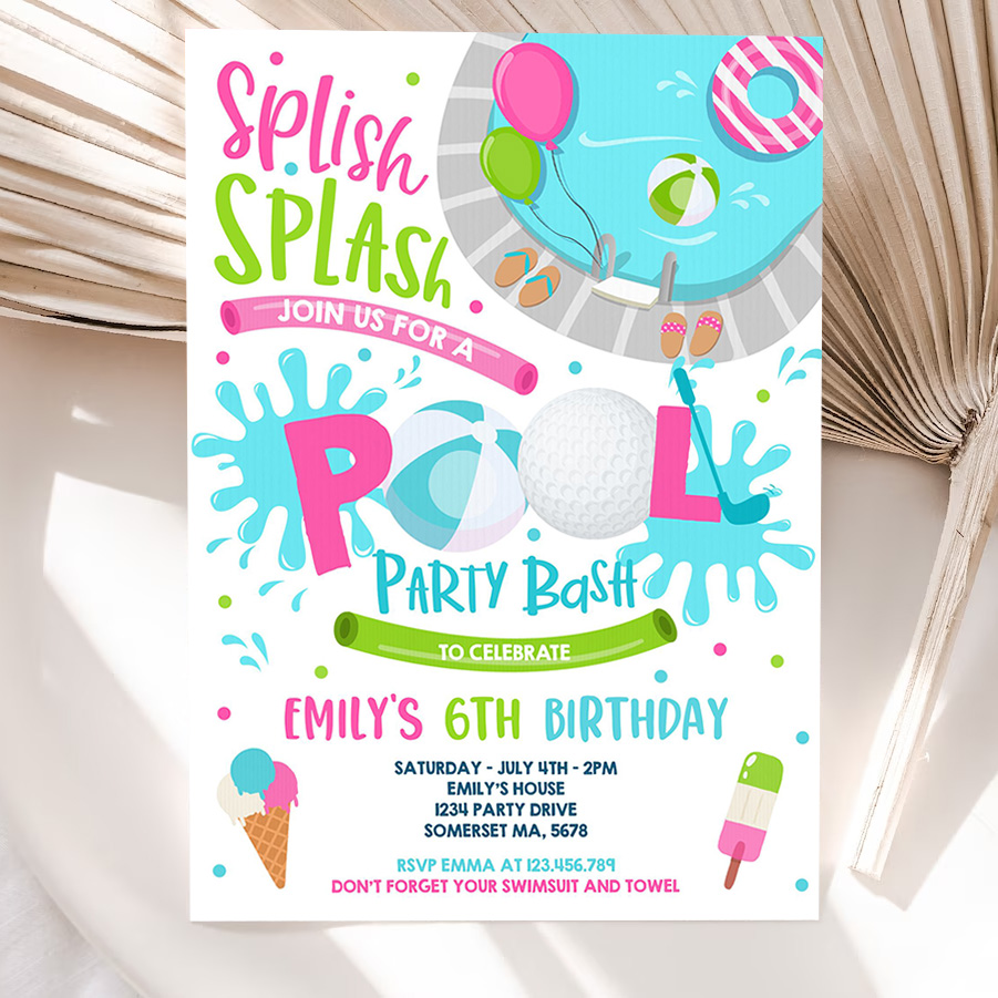 editable girl golf pool party invitation sports summer pink girl pool party pool bbq birthday party pool birthday 5