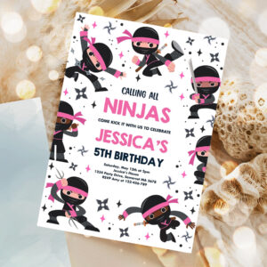 editable girl ninja birthday party invitation pink karate birthday warrior birthday party martial arts ninja party 1