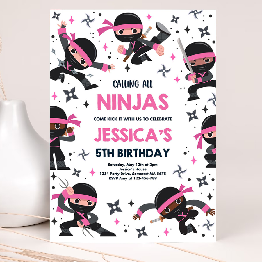 editable girl ninja birthday party invitation pink karate birthday warrior birthday party martial arts ninja party 2