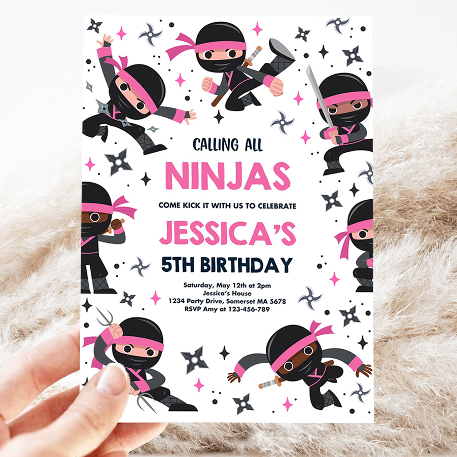 editable girl ninja birthday party invitation pink karate birthday warrior birthday party martial arts ninja party 3