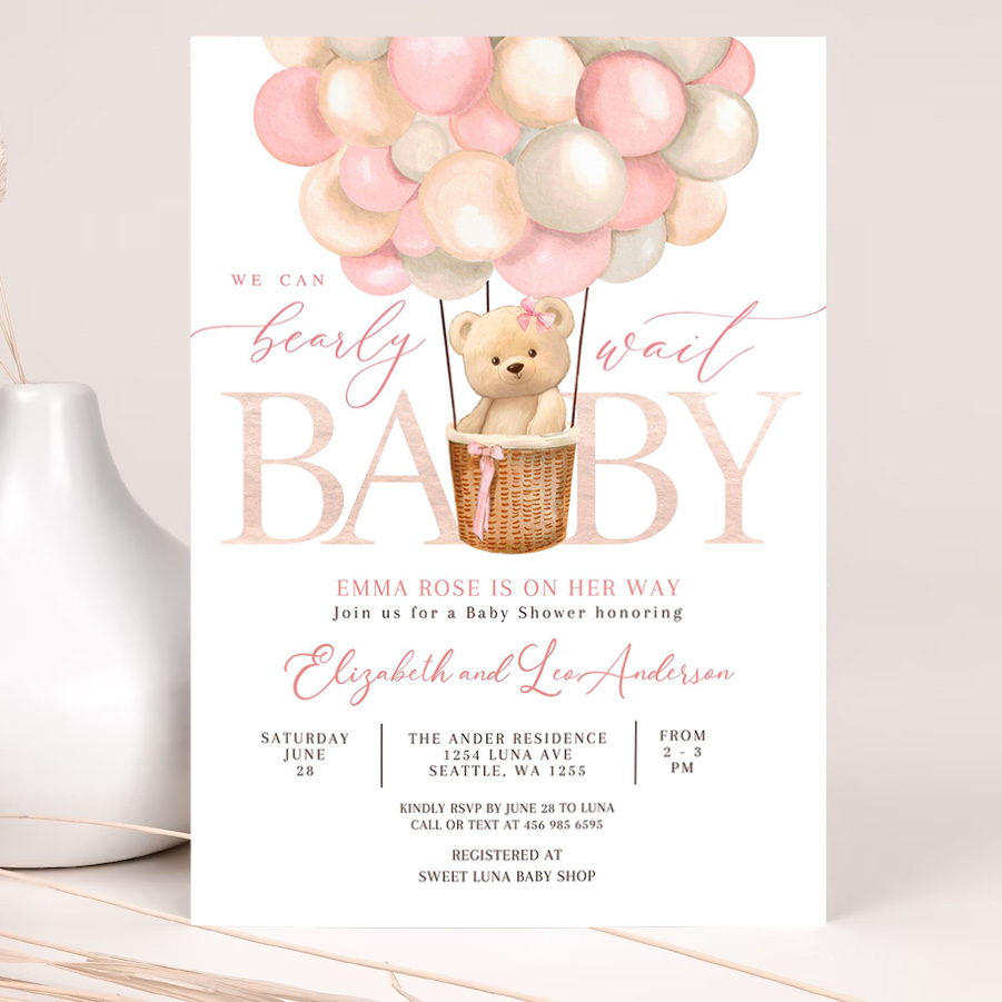 editable girl teddy bear hot air balloon bear theme baby shower invitation we can bearly wait invites template 2