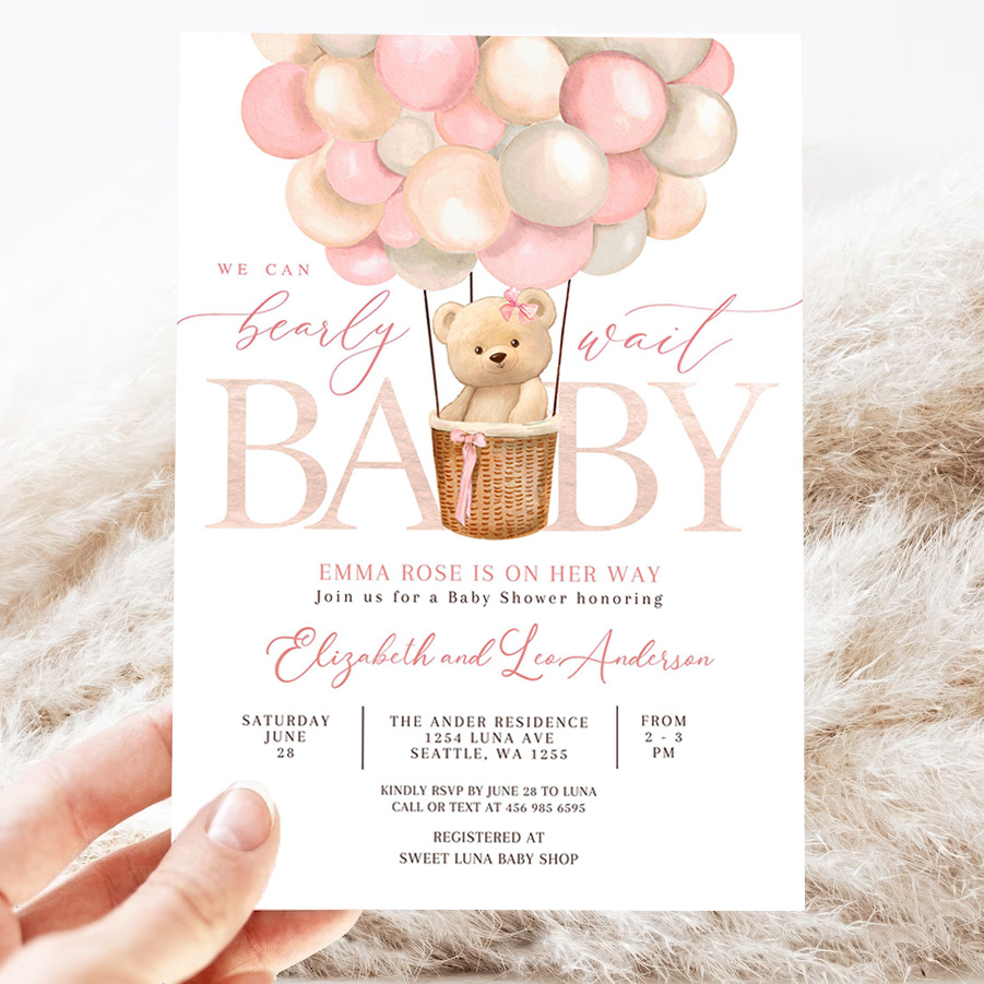 editable girl teddy bear hot air balloon bear theme baby shower invitation we can bearly wait invites template 3