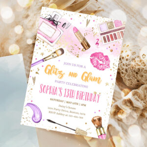 editable glitz and glam birthday party invitation spa makeup birthday invitation blush pink gold spa tween party 1