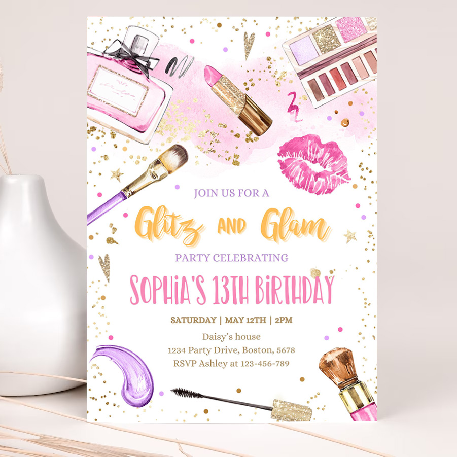 editable glitz and glam birthday party invitation spa makeup birthday invitation blush pink gold spa tween party 2