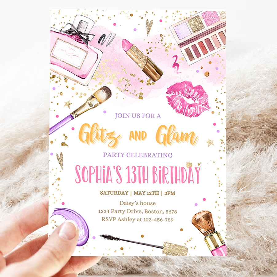 editable glitz and glam birthday party invitation spa makeup birthday invitation blush pink gold spa tween party 3