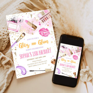 editable glitz and glam birthday party invitation spa makeup birthday invitation blush pink gold spa tween party 6