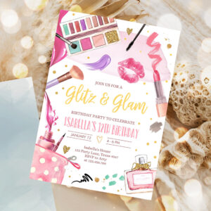 editable glitz and glam birthday party invitation spa party makeup birthday invitation pink gold girl download printable template 1