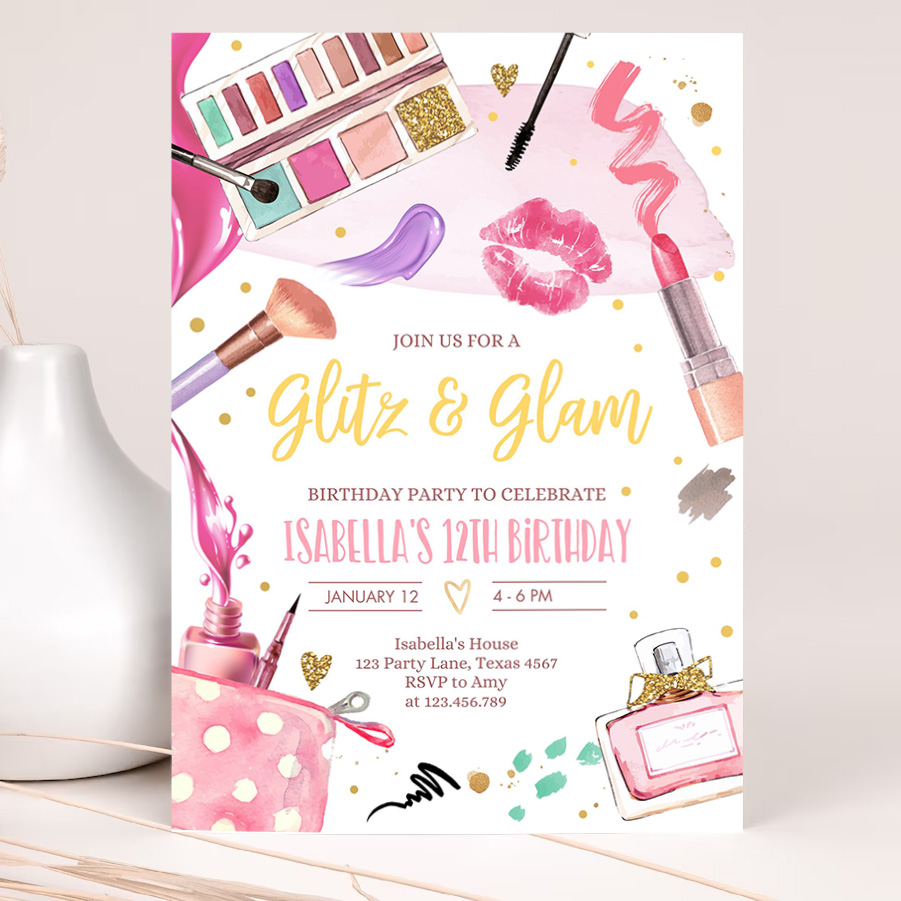 editable glitz and glam birthday party invitation spa party makeup birthday invitation pink gold girl download printable template 2