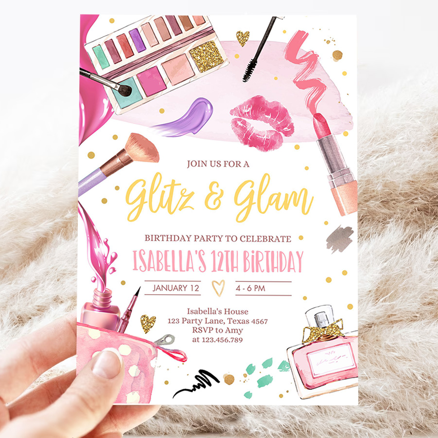 editable glitz and glam birthday party invitation spa party makeup birthday invitation pink gold girl download printable template 3