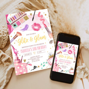 editable glitz and glam birthday party invitation spa party makeup birthday invitation pink gold girl download printable template 6