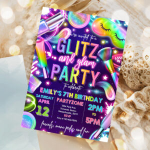 editable glitz and glam spa makeup birthday invitation neon glow spa party invitation glam makeup glow birthday party 1