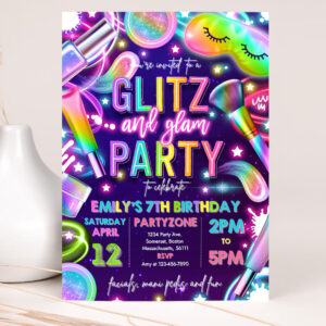 editable glitz and glam spa makeup birthday invitation neon glow spa party invitation glam makeup glow birthday party 2