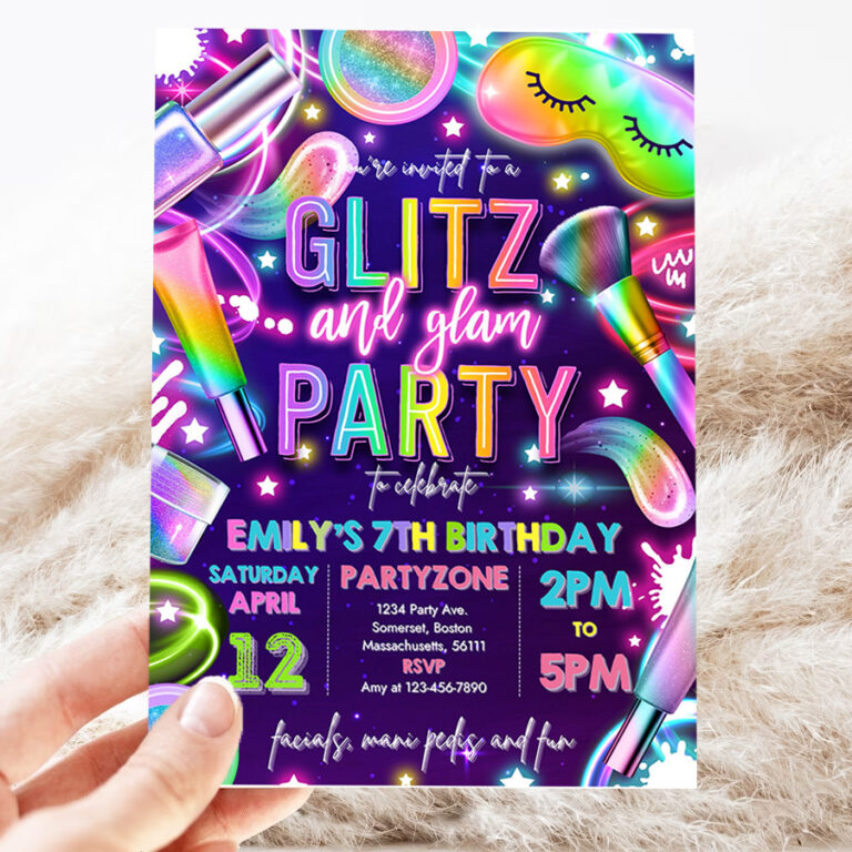 editable glitz and glam spa makeup birthday invitation neon glow spa party invitation glam makeup glow birthday party 3