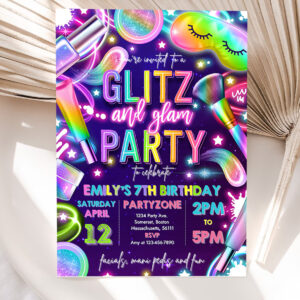 editable glitz and glam spa makeup birthday invitation neon glow spa party invitation glam makeup glow birthday party 5