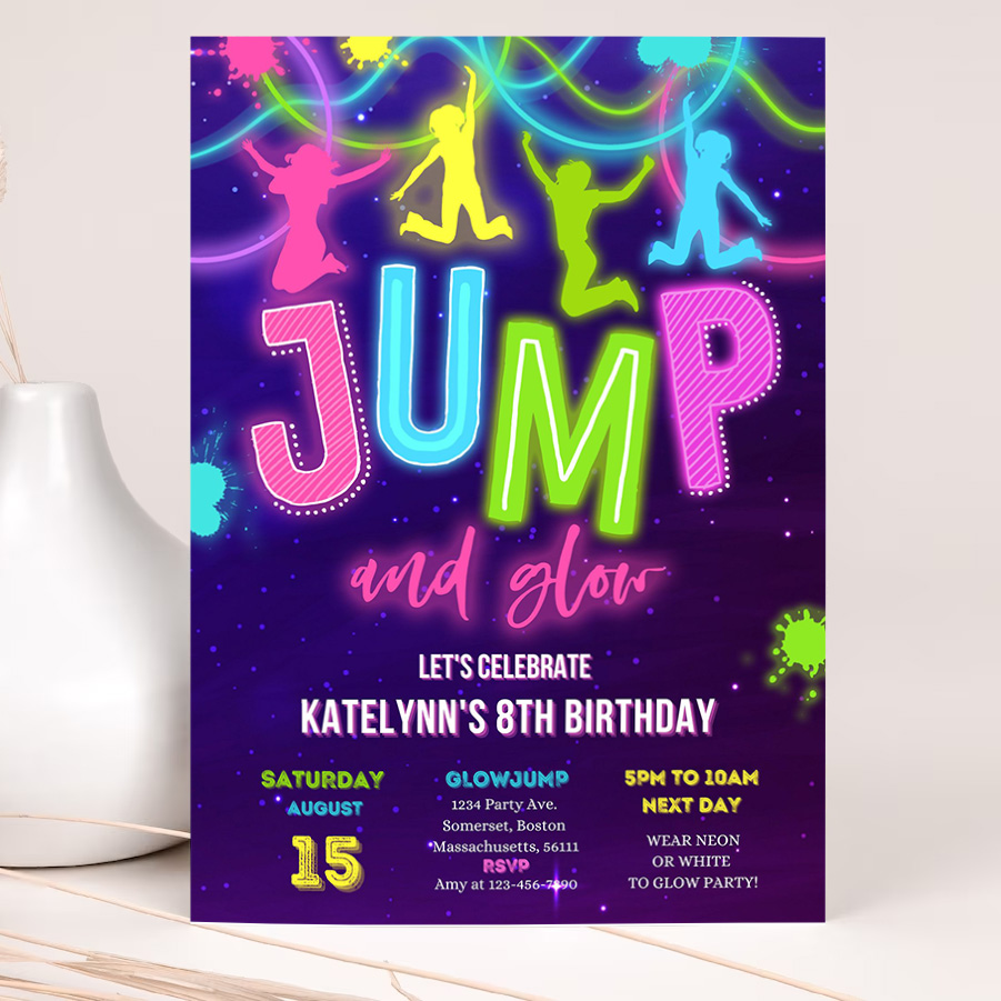 editable glow jump invitation neon jump birthday invite jump and glow party bounce house glow in the dark jump party 2