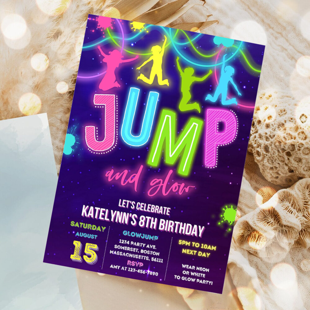 editable glow jump invitation neon jump birthday invite jump and glow party bounce house glow in the dark jump party invitation 1