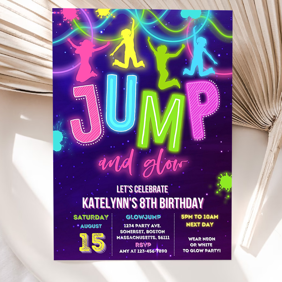 editable glow jump invitation neon jump birthday invite jump and glow party bounce house glow in the dark jump party invitation 5