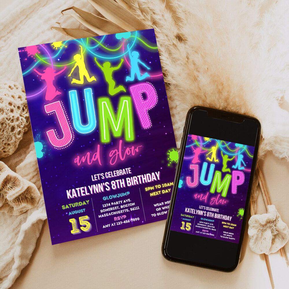 editable glow jump invitation neon jump birthday invite jump and glow party bounce house glow in the dark jump party invitation 6
