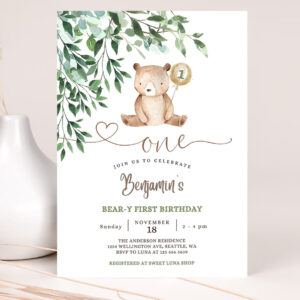 editable greenery beary first 1st birthday boy teddy bear birthday invitation beary 1st birthday invite template 2