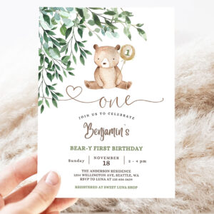 editable greenery beary first 1st birthday boy teddy bear birthday invitation beary 1st birthday invite template 3