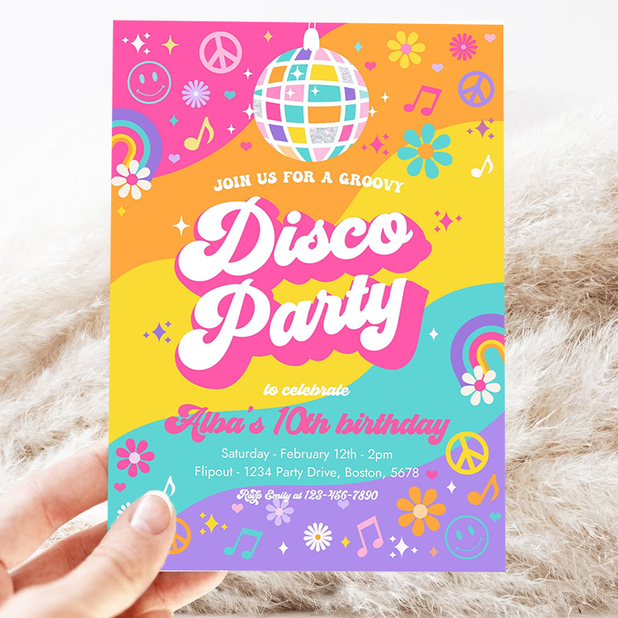editable groovy disco party invitation retro hippie floral 70s disco birthday party hippie disco dance birthday party 3