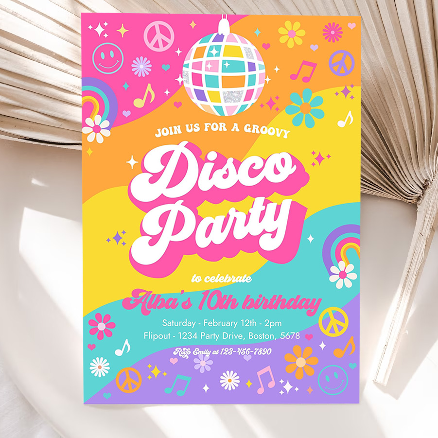 editable groovy disco party invitation retro hippie floral 70s disco birthday party hippie disco dance birthday party 5