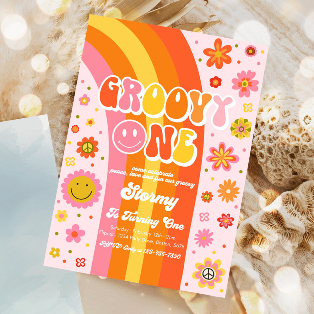 editable groovy one birthday party invitation peace love party groovy rainbow party hippie 70s floral 1st birthday party 1